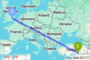 Map of the flight from London Stansted to Sanliurfa Guney Anadoulu Projesi