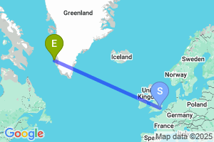 Map of the flight from London Stansted to Nuuk