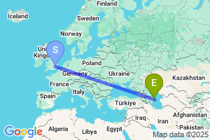 Map of the flight from London Stansted to Baku Heydar Aliyev International