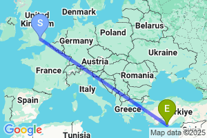 Map of the flight from London Stansted to Gazipasa