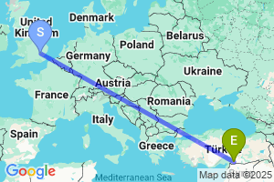 Map of the flight from London Stansted to Gaziantep