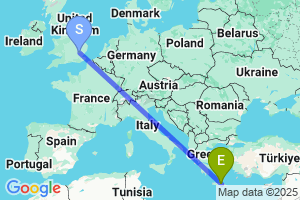 Map of the flight from London Stansted to Crete Heraklion