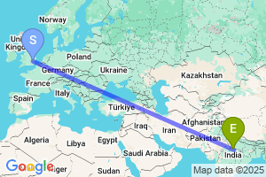 Map of the flight from London Stansted to Khajuraho