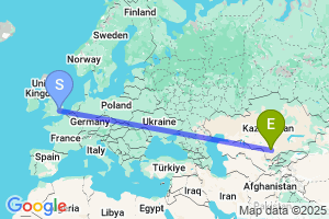 Map of the flight from London Stansted to Turkestan