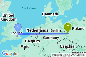 Map of the flight from London Stansted to Zielona Gora Babimost