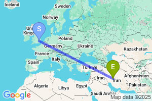 Map of the flight from London Stansted to Isfahan