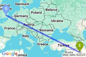 Map of the flight from London Stansted to Sulaymaniyah