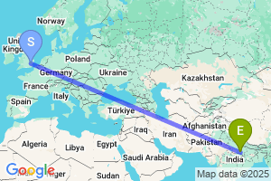 Map of the flight from London Stansted to Prayagraj