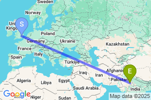 Map of the flight from London Stansted to Jaipur