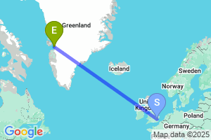 Map of the flight from London Stansted to Ilulissat