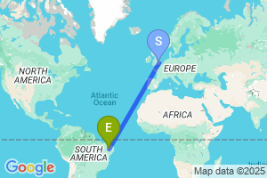 Map of the flight from London Stansted to Juazeiro Do Norte