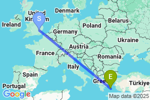 Map of the flight from London Stansted to Mykonos