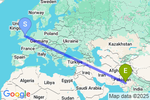 Map of the flight from London Stansted to Jaisalmer