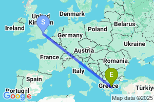 Map of the flight from London Stansted to Skiathos