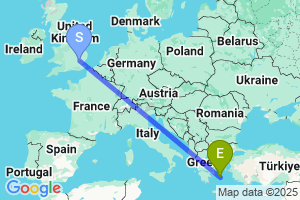 Map of the flight from London Stansted to Syros Island