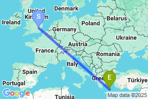 Map of the flight from London Stansted to Santorini (Thira)