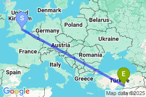 Map of the flight from London Stansted to Kahramanmaras