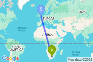 Map of the flight from London Stansted to Kimberley