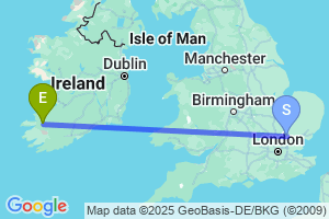 Map of the flight from London Stansted to Kerry