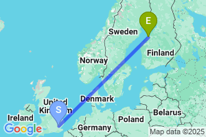 Map of the flight from London Stansted to Kokkola / Pietarsaari Kruunupyy