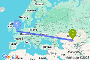 Map of the flight from London Stansted to Kzyl-Orda