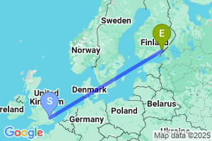 Map of the flight from London Stansted to Lappeenranta