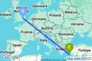 Map of the flight from London Stansted to Leros