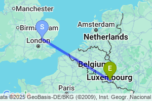 Map of the flight from London Stansted to Luxembourg