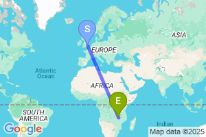 Map of the flight from London Stansted to Mfuwe