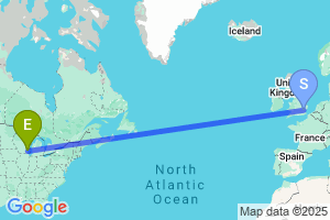 Map of the flight from London Stansted to Milwaukee