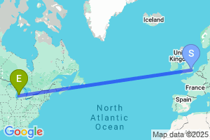 Map of the flight from London Stansted to Muskegon