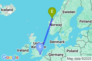 Map of the flight from London Stansted to Molde Aro