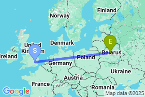 Map of the flight from London Stansted to Minsk