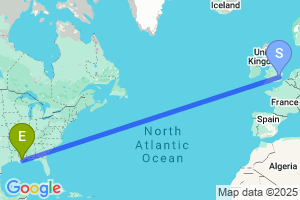 Map of the flight from London Stansted to New Orleans