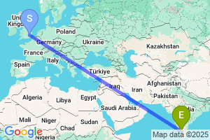 Map of the flight from London Stansted to Mysore