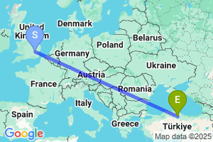 Map of the flight from London Stansted to Merzifon