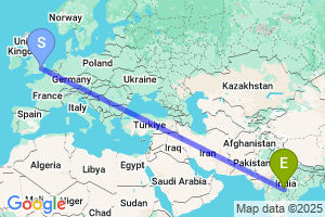 Map of the flight from London Stansted to Nagpur