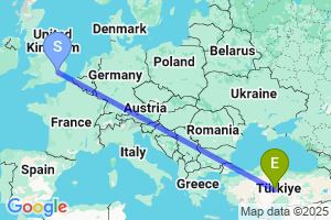 Map of the flight from London Stansted to Nevsehir