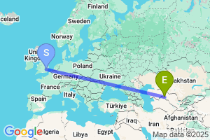 Map of the flight from London Stansted to Nukus