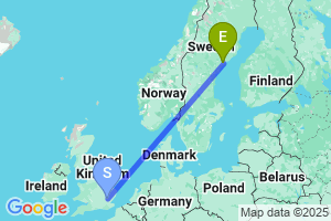Map of the flight from London Stansted to Ornskoldsvik