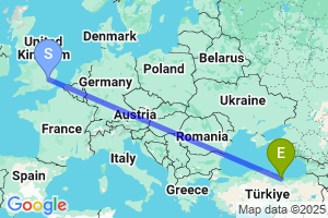 Map of the flight from London Stansted to Ordu-Giresun