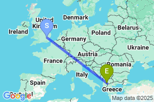 Map of the flight from London Stansted to Ohrid