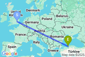 Map of the flight from London Stansted to Zonguldak