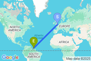 Map of the flight from London Stansted to Paramaribo