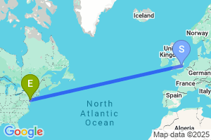 Map of the flight from London Stansted to Philadelphia