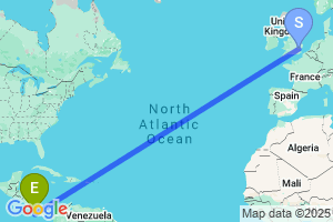 Map of the flight from London Stansted to Puerto Jimenez