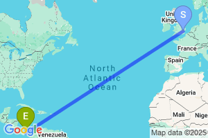 Map of the flight from London Stansted to Panama City