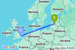 Map of the flight from London Stansted to Riga