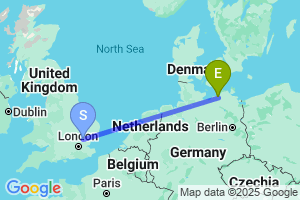 Map of the flight from London Stansted to Rostock