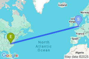 Map of the flight from London Stansted to Roanoke